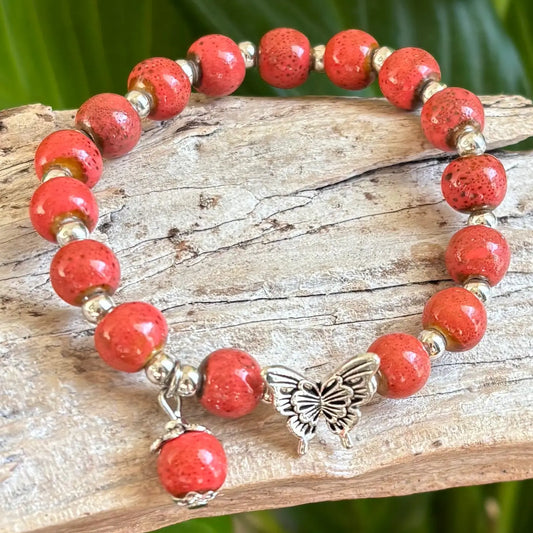 Ceramic Beads Bracelet with Butterfly Charm - Coral