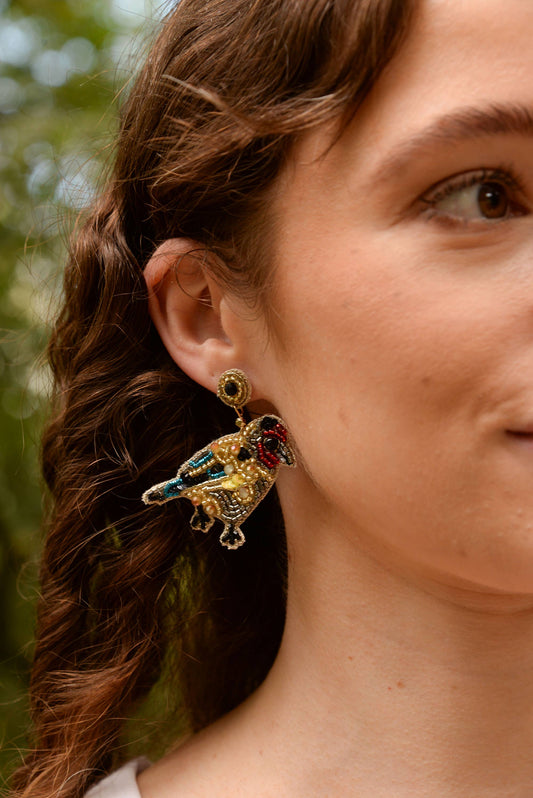 Beaded Goldfinch Small Bird Drop Earrings