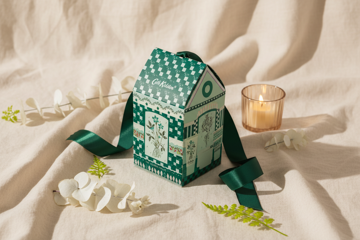 A green gift box with ribbon, botanical sprigs and candlelight