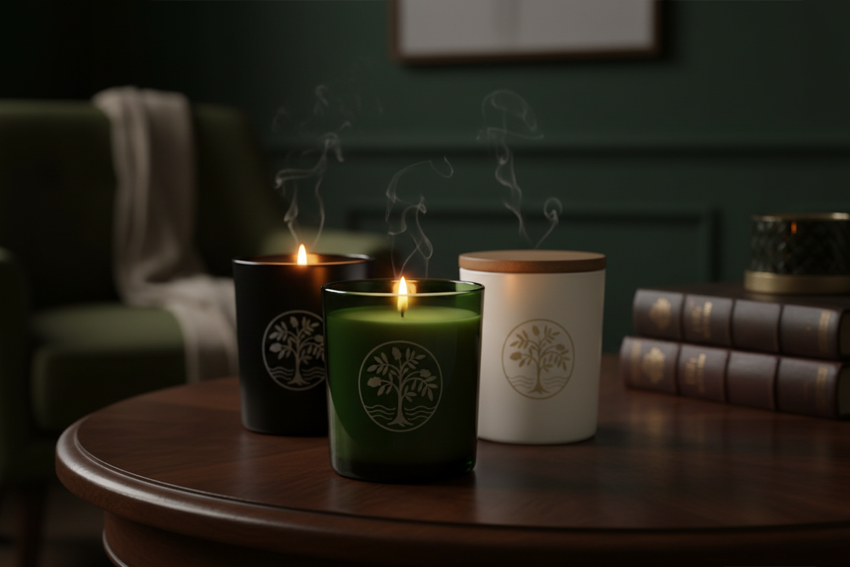 The Rowan Tree candles in a cosy green room
