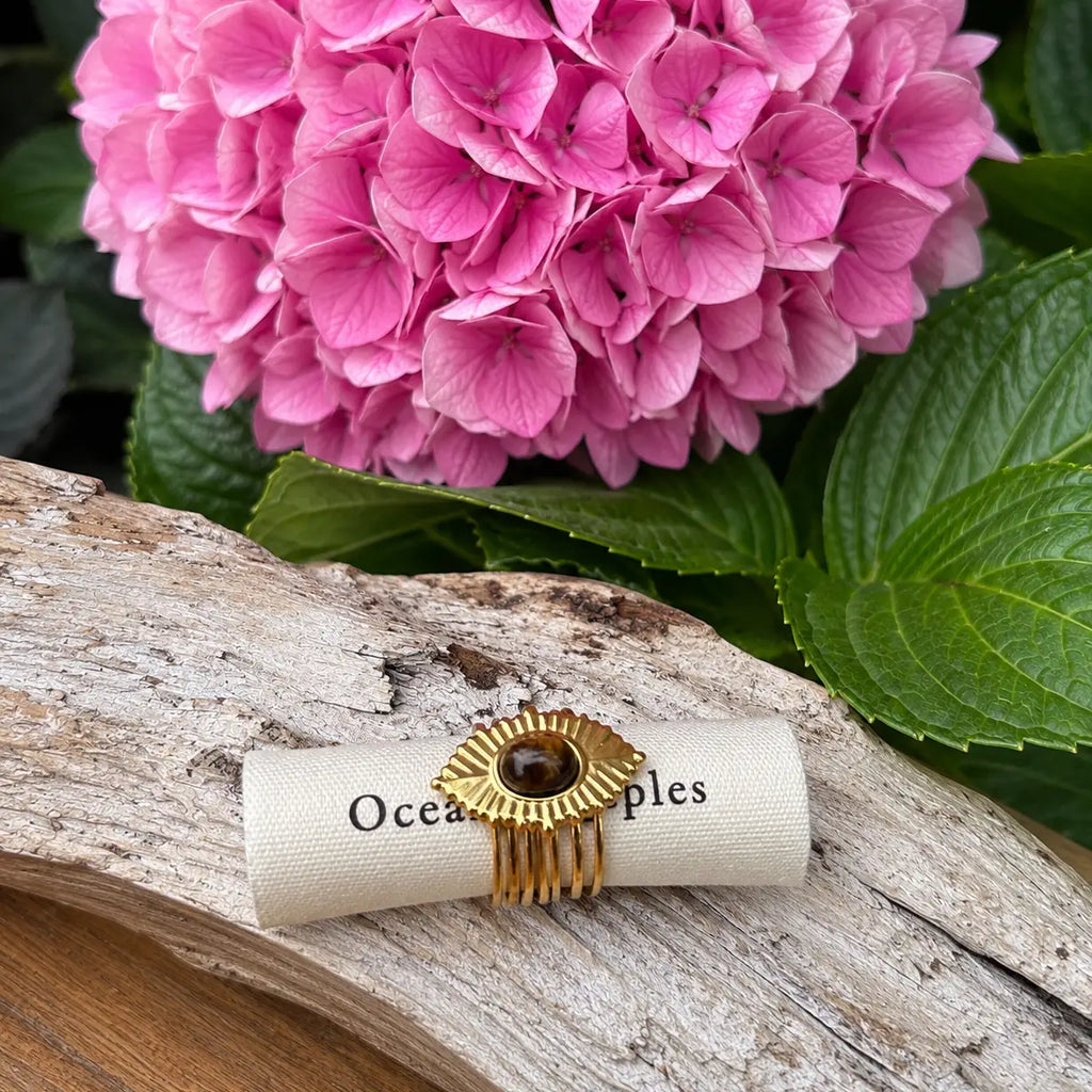 18ct Gold Plated Tiger's Eye Leaf Ring