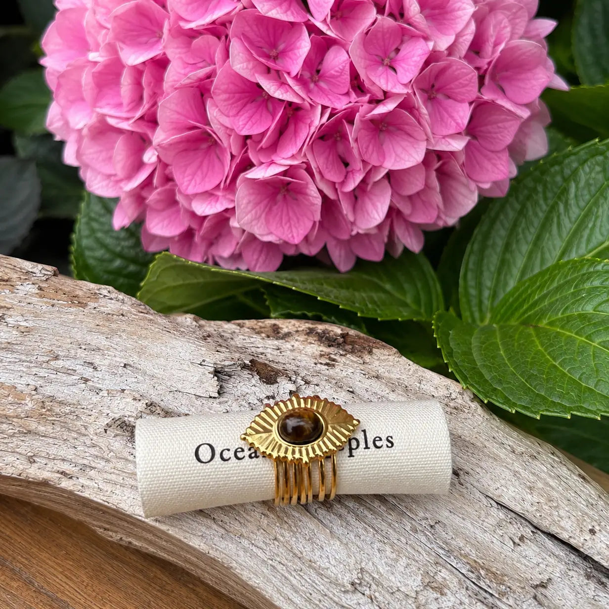 18ct Gold Plated Tiger's Eye Leaf Ring