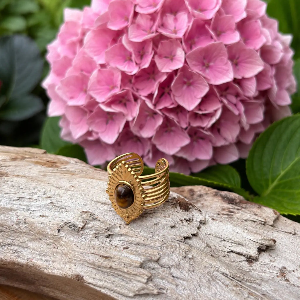 18ct Gold Plated Tiger's Eye Leaf Ring
