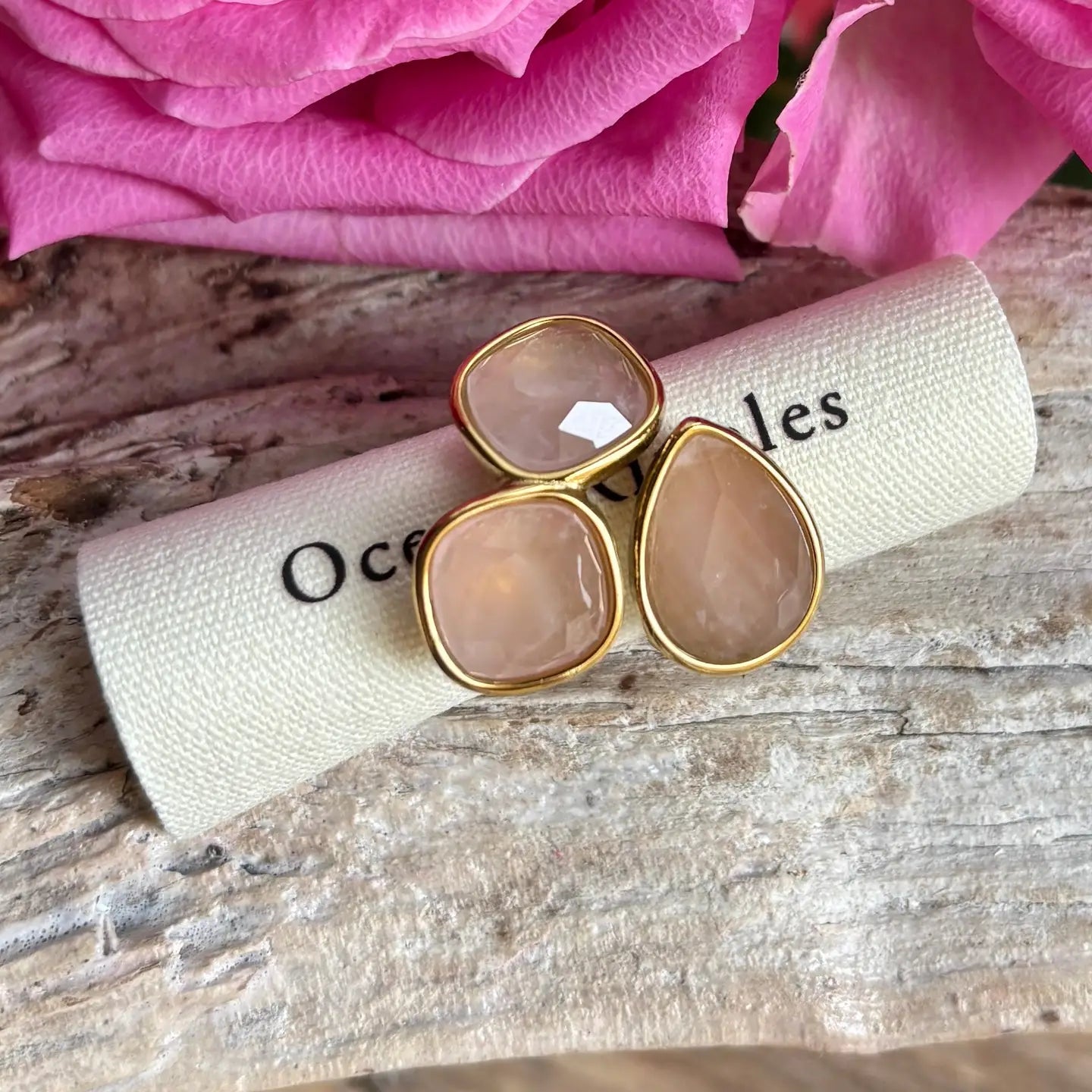 18ct Gold Plated Faceted Rose Quartz Triple Stone Ring