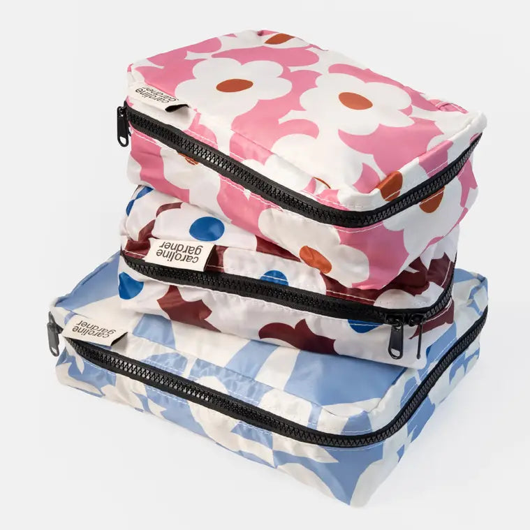 Blue Checkmate Heart/Flowers Set of 3 Small Packing Cubes
