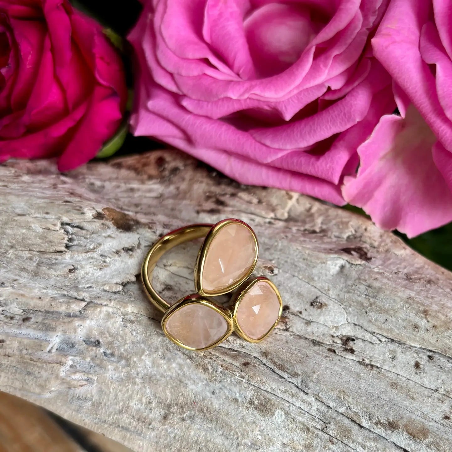 18ct Gold Plated Faceted Rose Quartz Triple Stone Ring