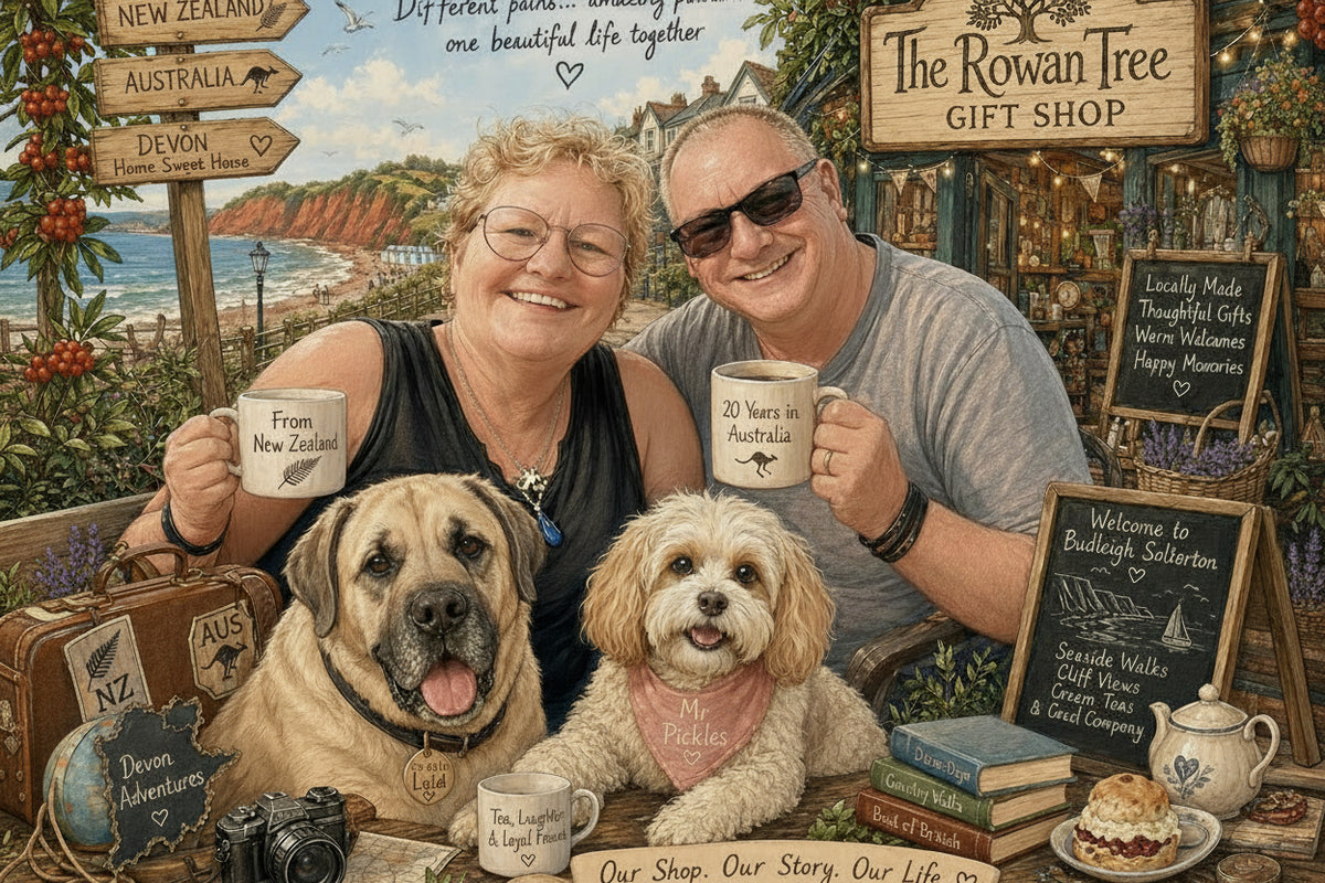 Smudge and Michael, owners of The Rowan Tree. A small gift shop in Budleigh Salterton. Along with their two dogs, Leila and Mr Pickles.