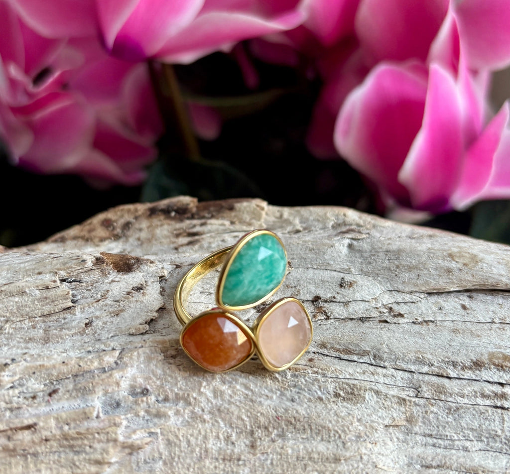 18Ct Gold Plated Faceted Natural Stone Ring - Rose Quartz