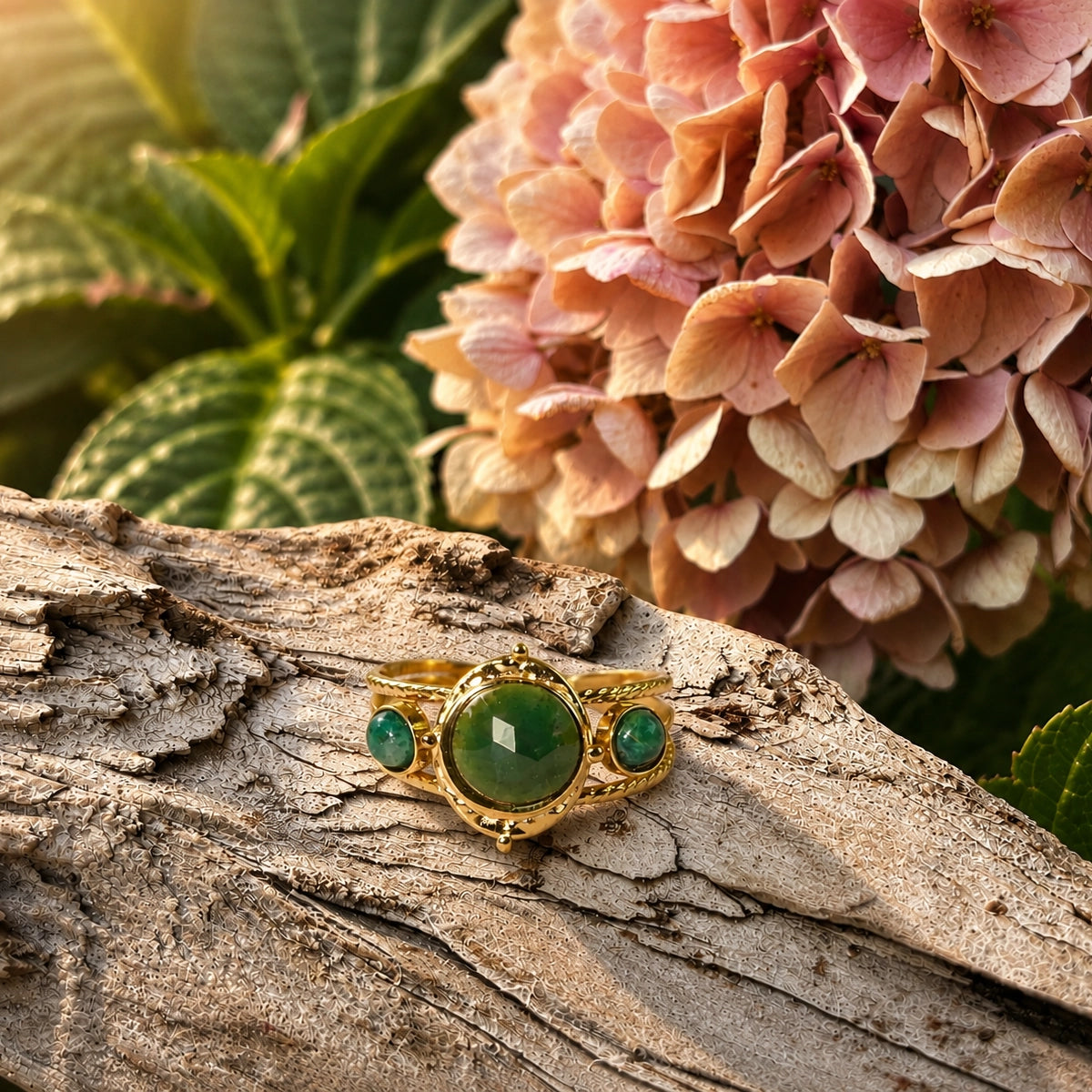 18ct Gold Plated African Jade Triple Stone Ring