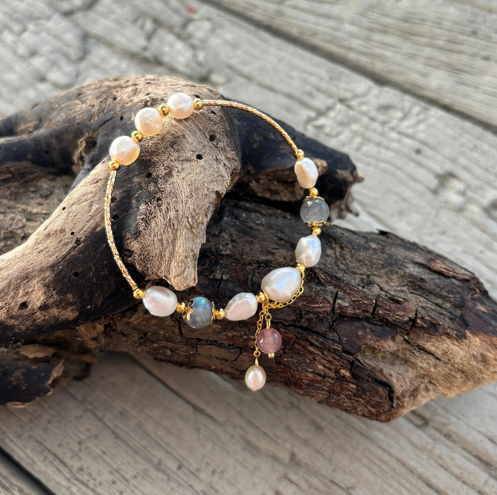 14ct Gold Plated Fresh Water Pearl Moonstone Elastic Bracelet