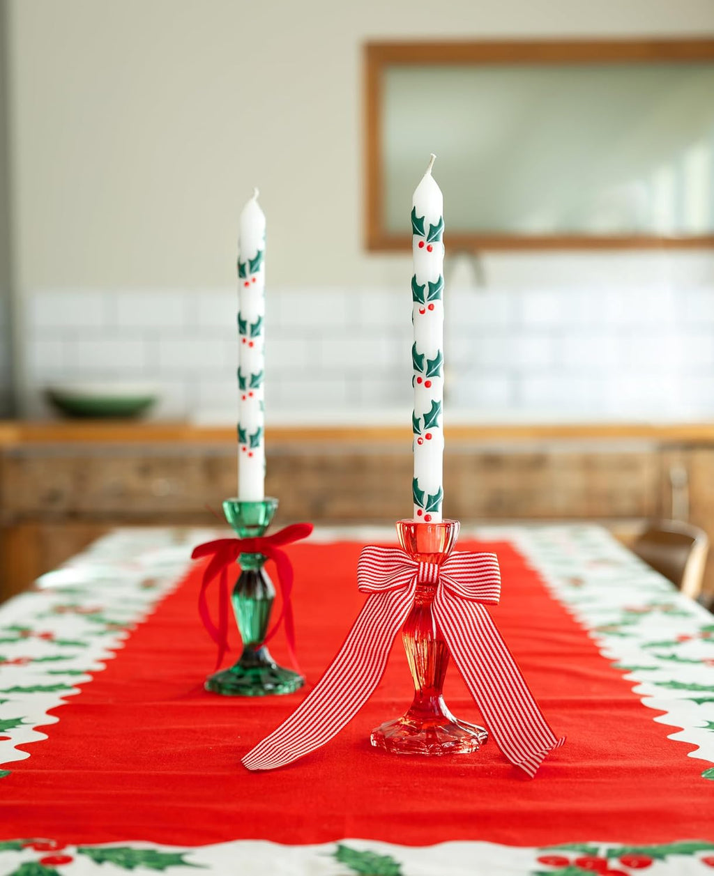 Hand Painted 3D Holly Dinner Candle 28cm