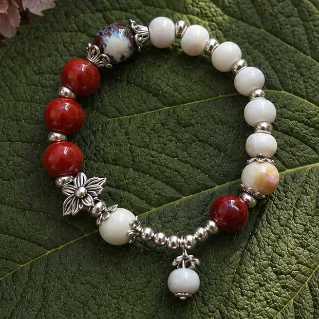 Ceramic Beads Bracelet with Charm - Cranberry & Ivory