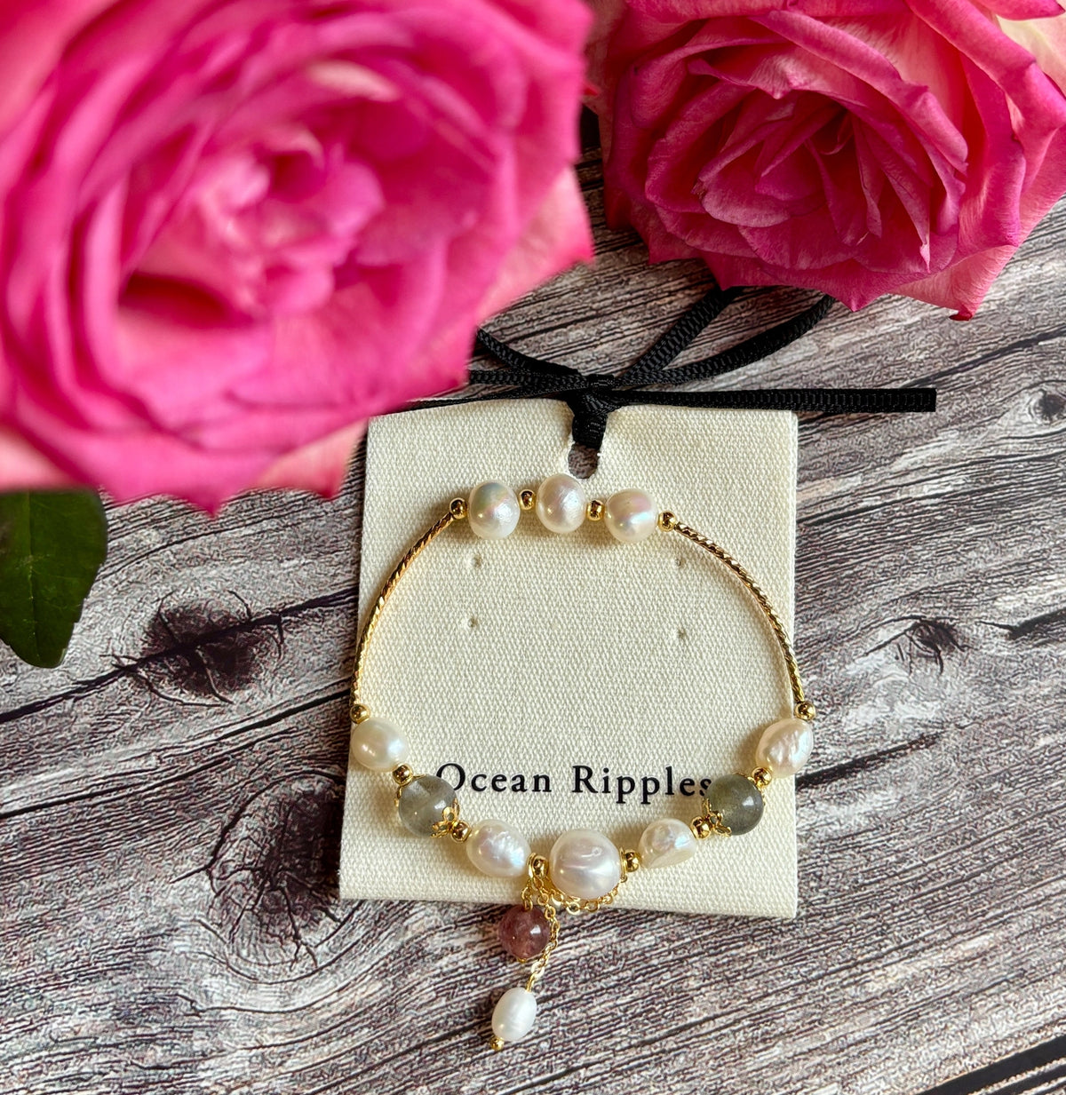 14ct Gold Plated Fresh Water Pearl Moonstone Elastic Bracelet