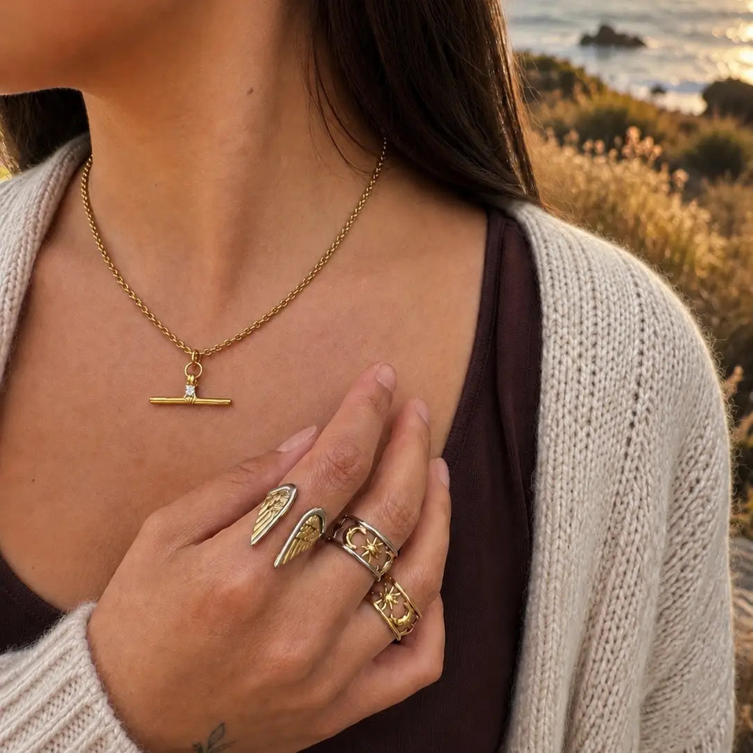 18ct Gold Plated Sun & Moon Ring - Available in Two Tone Gold and Silver