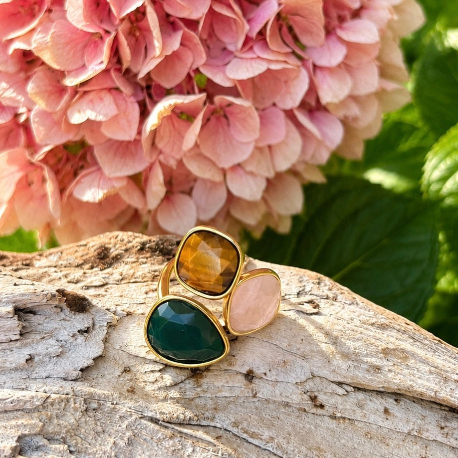 18ct Gold Plated Trio Gemstone Statement Ring