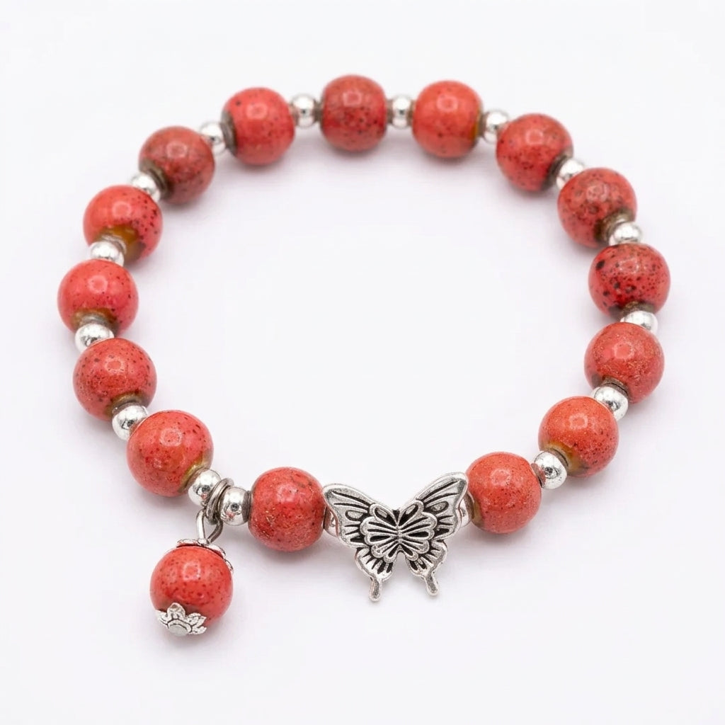 Ceramic Beads Bracelet with Butterfly Charm - Coral