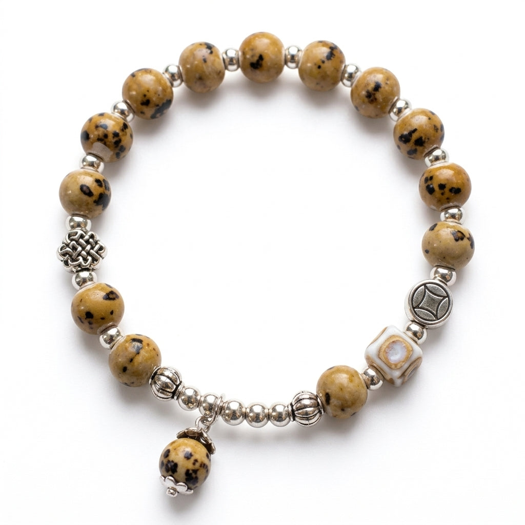A beaded stretch bracelet featuring natural brown and black speckled jasper beads, silver-toned spacer beads, a silver knot charm, a silver geometric charm, a white marbled bead, and a dangling jasper bead charm, displayed on a clean white background.