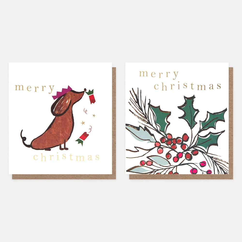 Sausage Dog & Holly Mixed Charity Christmas Cards Pack of 8