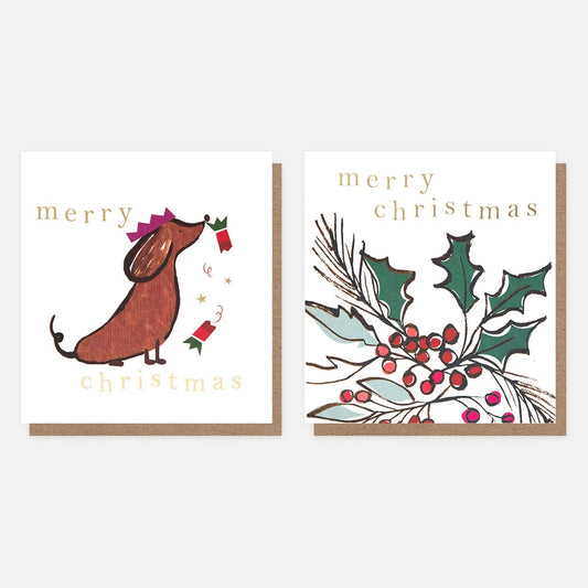 Sausage Dog & Holly Mixed Charity Christmas Cards Pack of 8