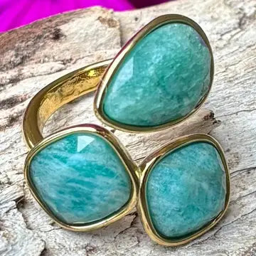 18ct Gold Plated Faceted Amazonite Triple Stone Ring