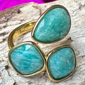 18ct Gold Plated Faceted Amazonite Triple Stone Ring