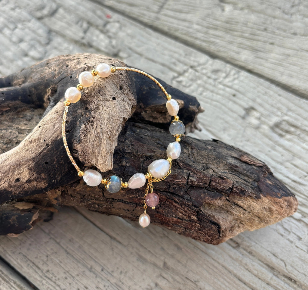 14ct Gold Plated Fresh Water Pearl Moonstone Elastic Bracelet