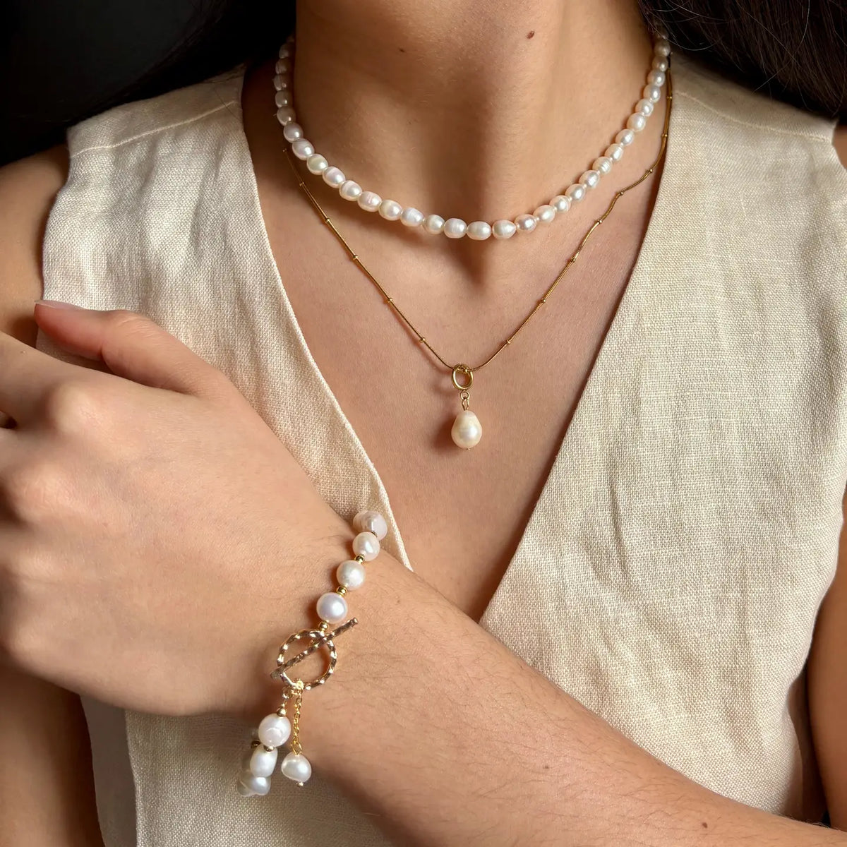 14ct Gold Plated Fresh Water Pearl T- Bar Bracelet