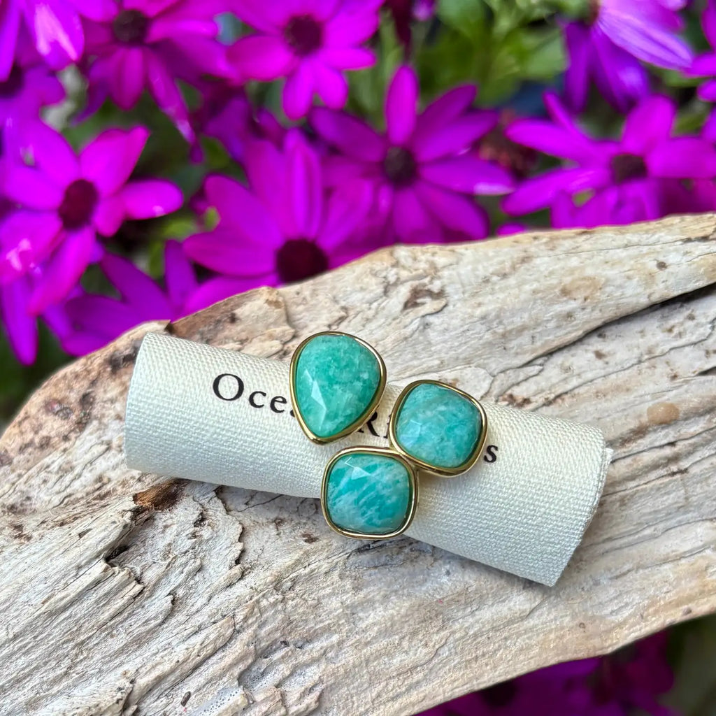 18ct Gold Plated Faceted Amazonite Triple Stone Ring