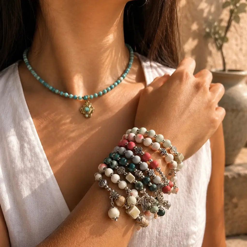 Ceramic Beads Bracelet with Charm - Burgundy
