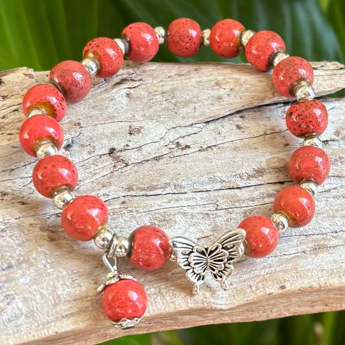 Ceramic Beads Bracelet with Butterfly Charm - Coral
