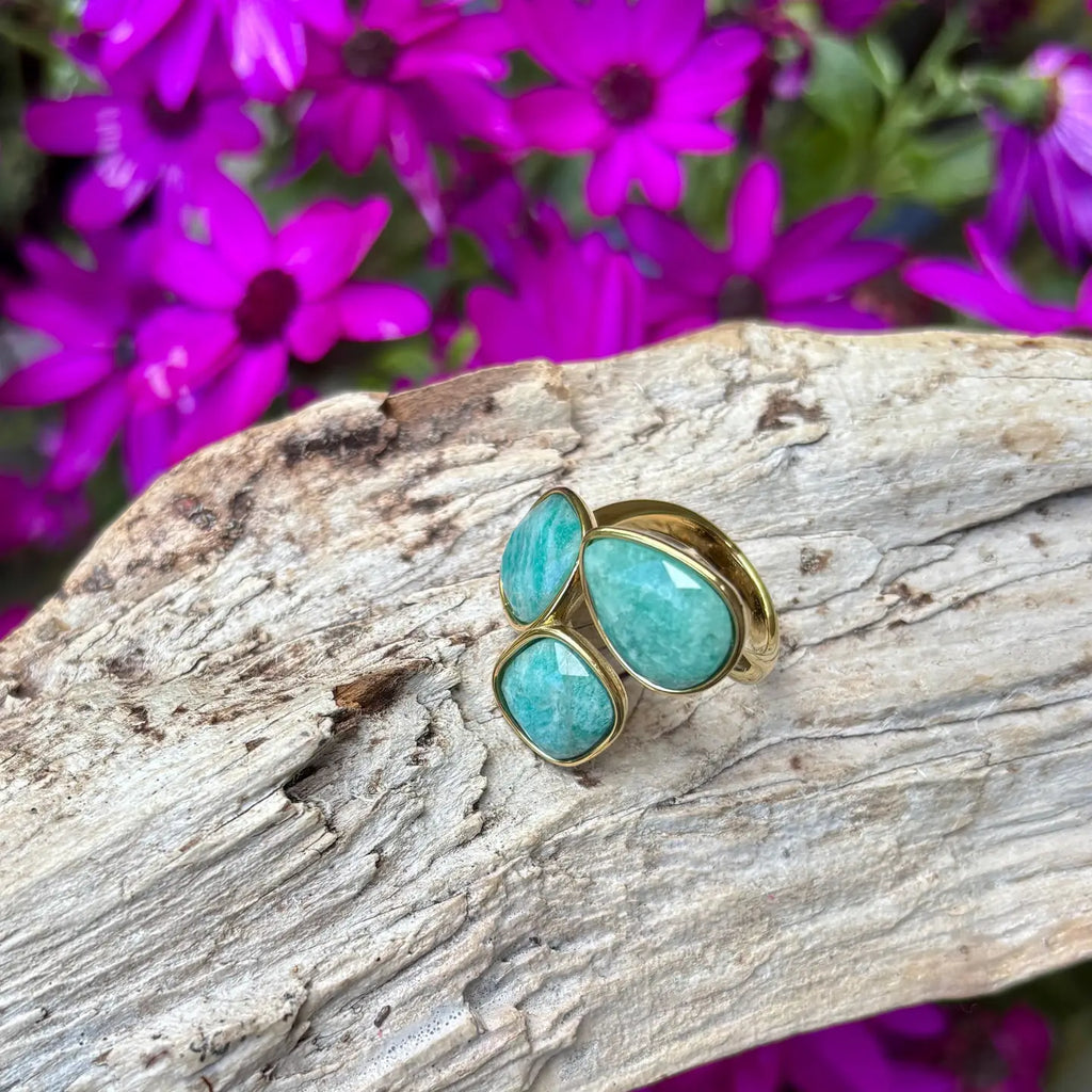 18ct Gold Plated Faceted Amazonite Triple Stone Ring