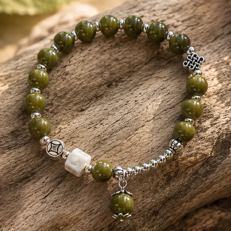Ceramic Beads Bracelet with Charm - Olive Green