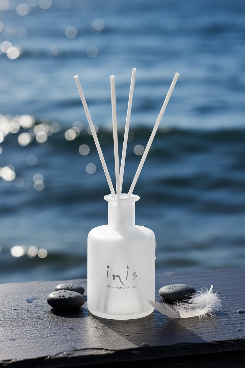 Inis Fragrance Diffuser frosted bottle with white reed sticks on dark slate by the water, with pebbles and a white feather