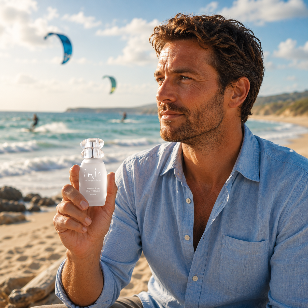 Man holding an Inis 30ml cologne bottle on a beach with kite surfers behind him