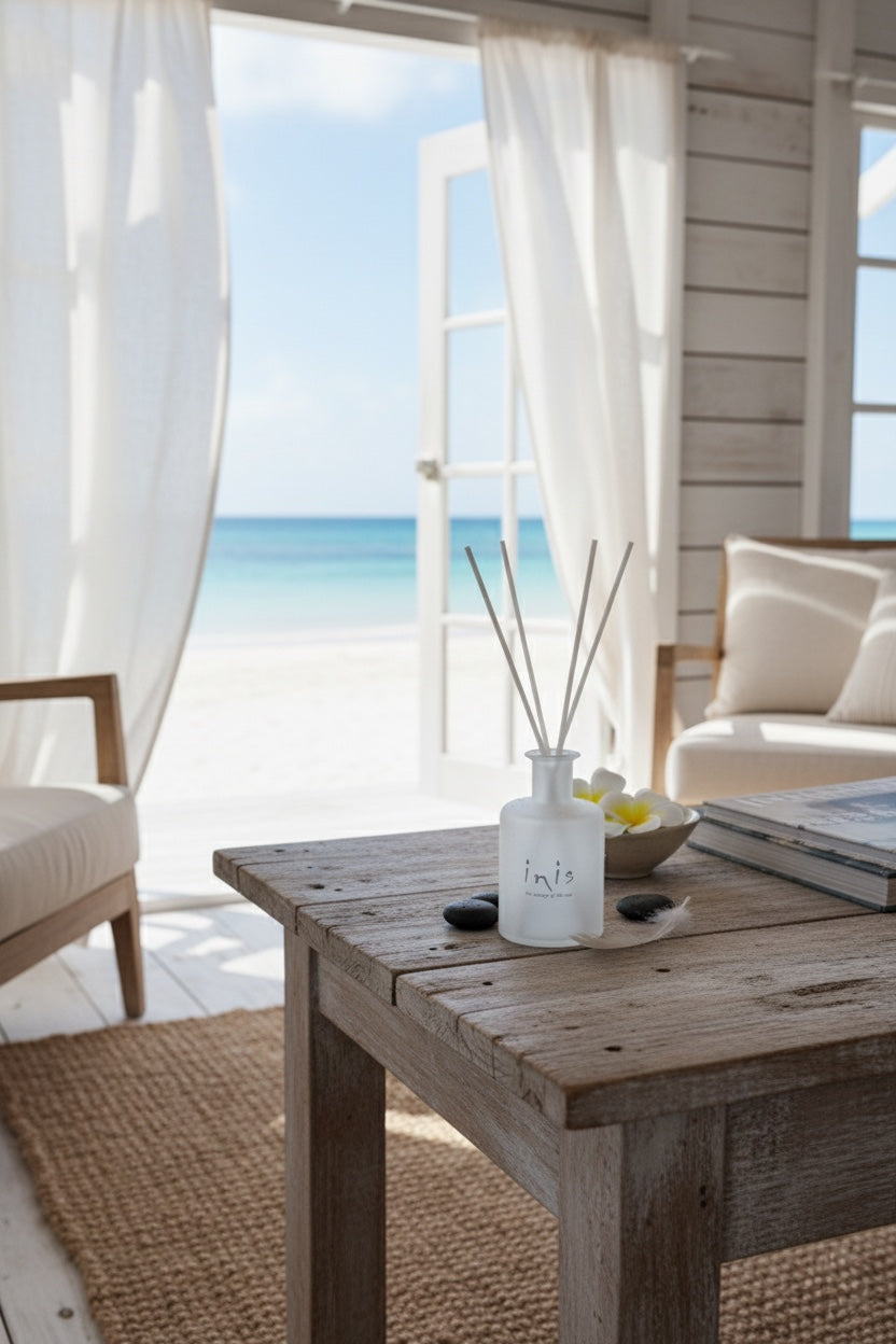 Inis Fragrance Diffuser frosted bottle on rustic wooden table in a coastal beach house interior with open door and sea view