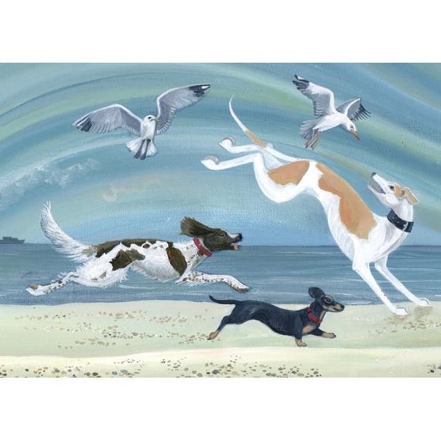 The Chase dogs and seagulls fine art greeting card by Kerry Buck