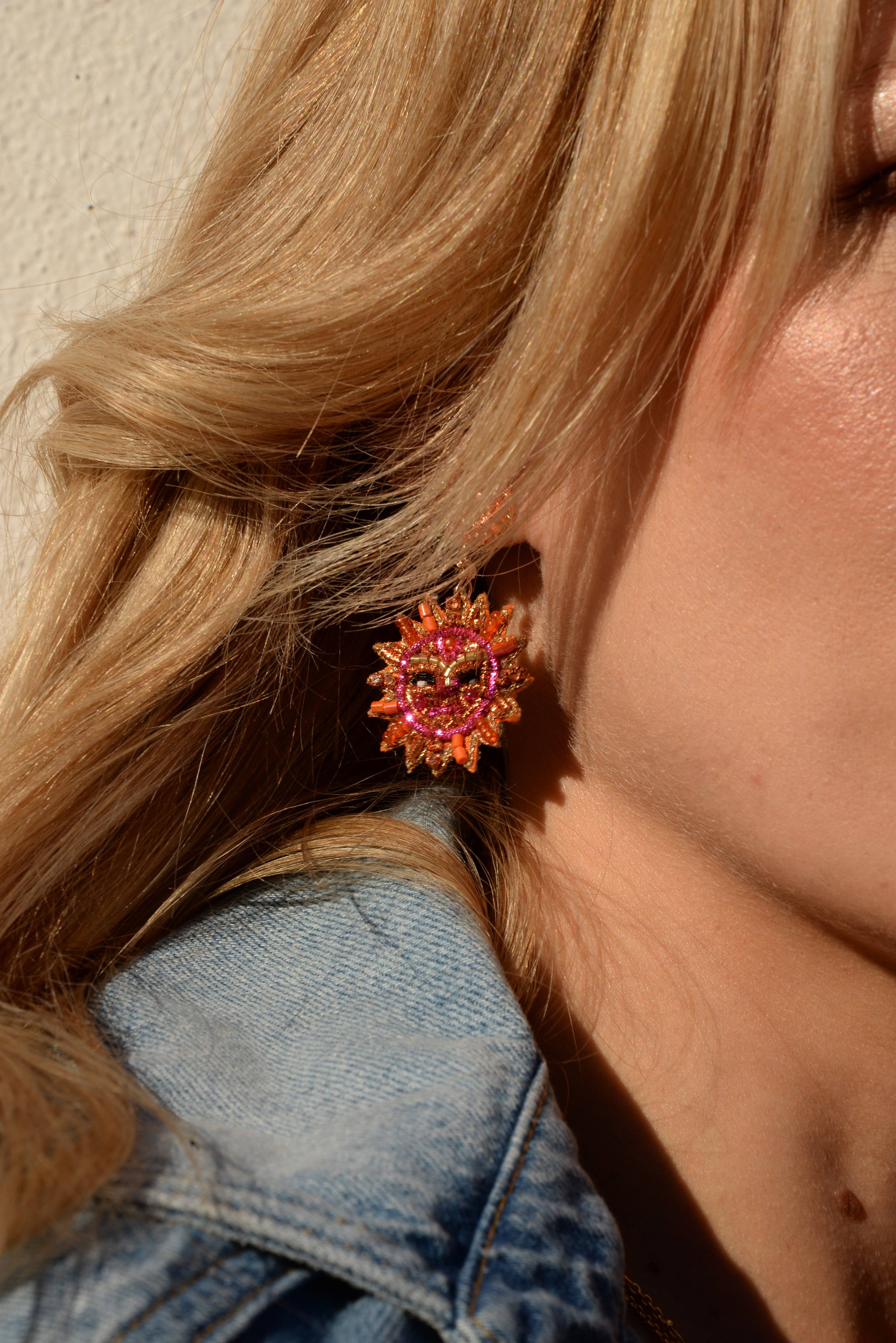 Sun Face Orange & Pink Earrings