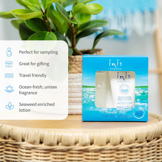 Inis Traveler Duo Set box on wicker surface with feature benefits listed and green plant in background