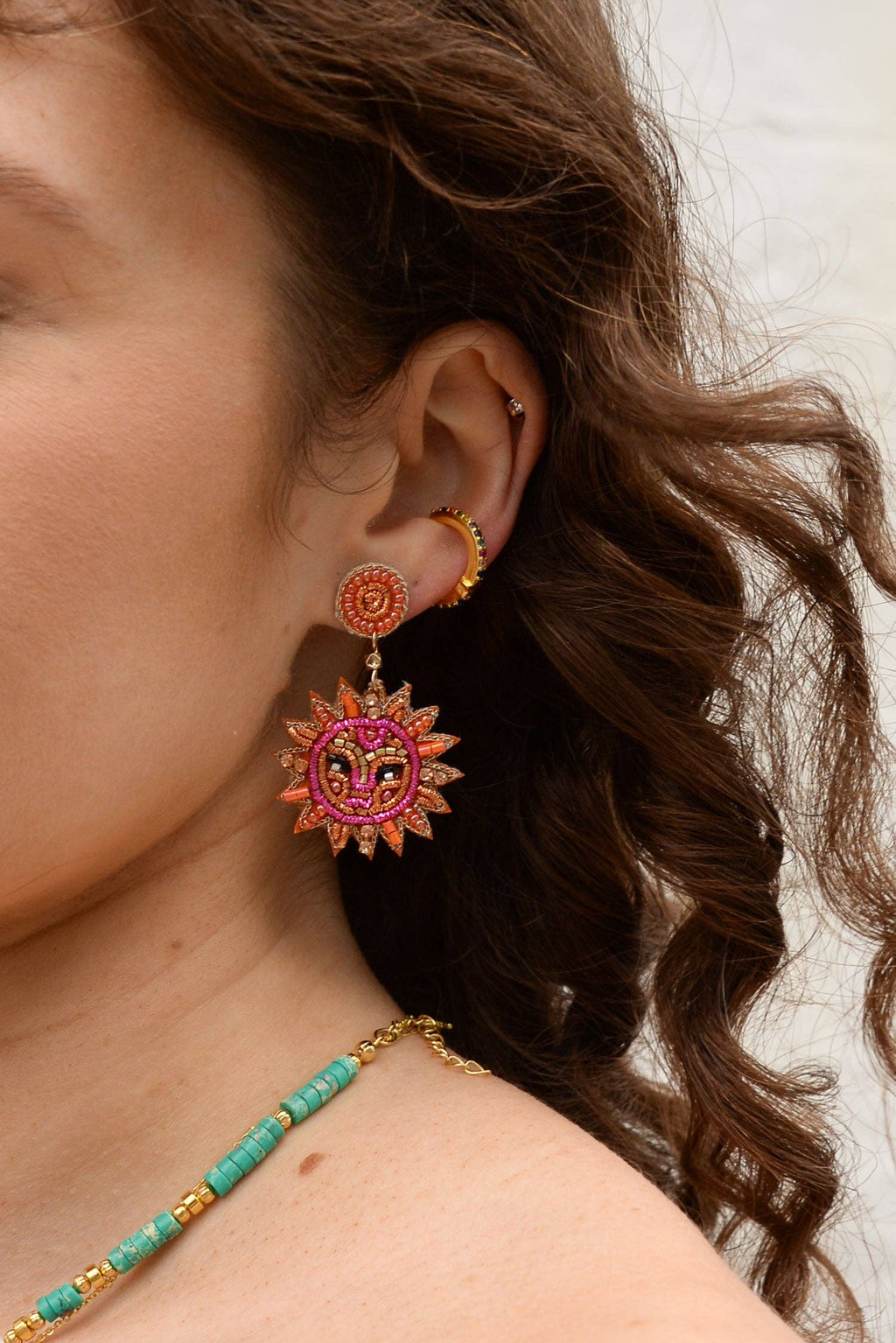 Sun Face Orange & Pink Earrings