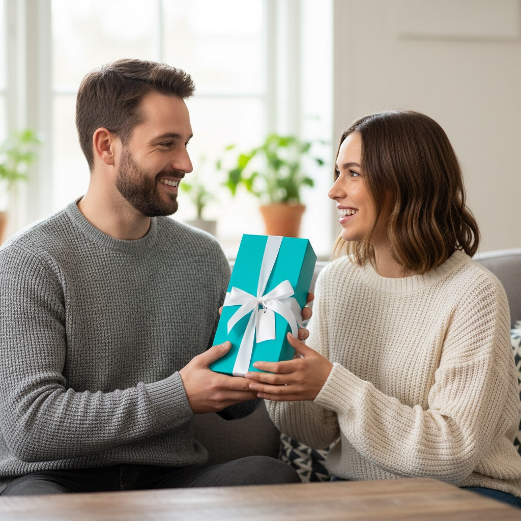 Couple smiling and exchanging a teal gift box with white bow in a cosy home setting