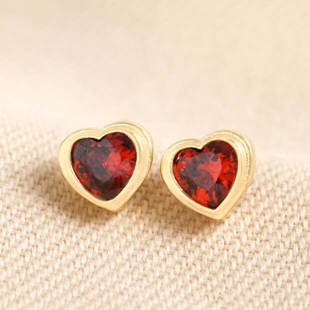 Red Stone Heart Stud Earrings in Gold