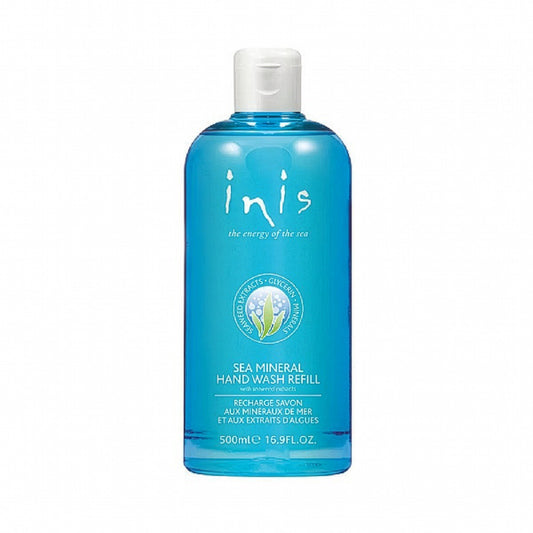 Inis Sea Mineral Hand Wash Refill 500ml large blue bottle with flip-top cap on white background