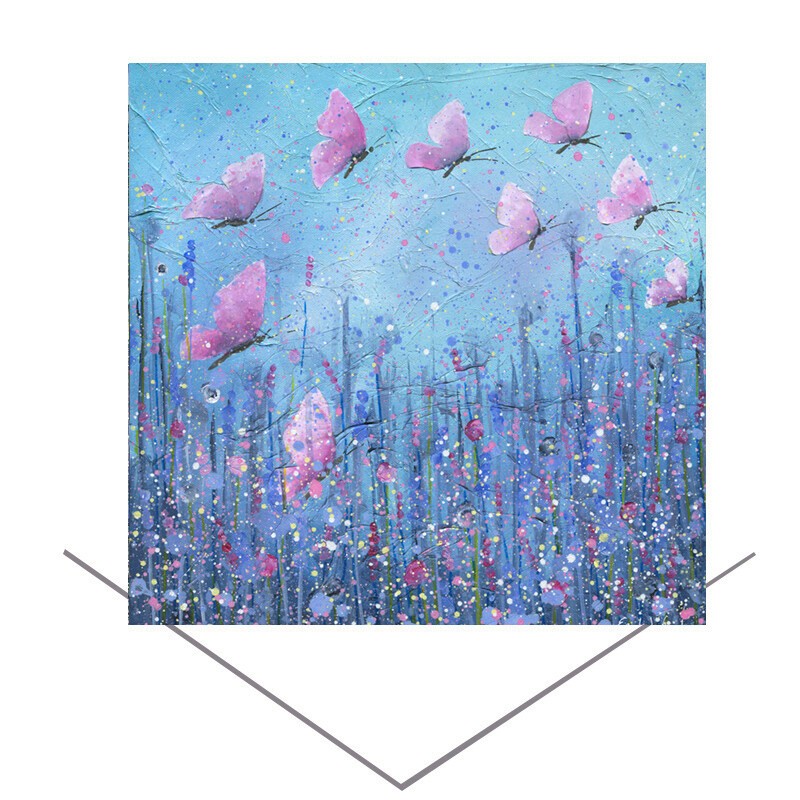 Flying Free greeting card with pink butterflies by Emily Ward