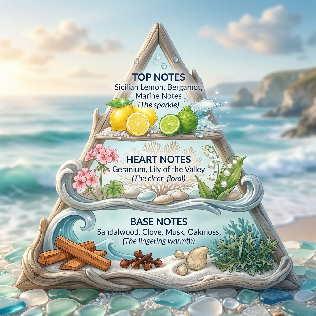 Illustrated scent guide showing the citrus, floral and woody notes in Inis cologne