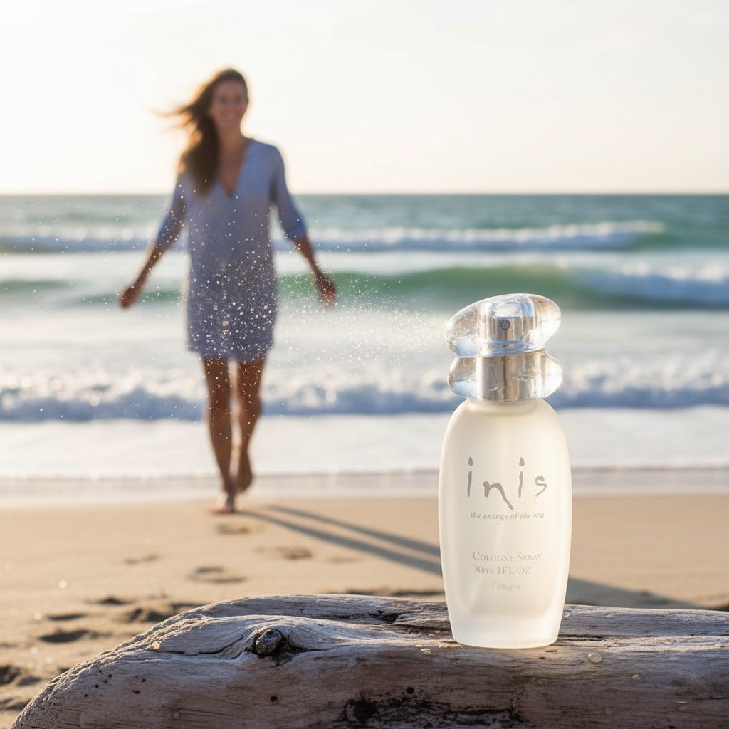 Inis 30ml cologne bottle on driftwood with a woman walking on the beach behind