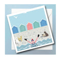 Budleigh Salterton Beach Huts with dogs - Greeting Card