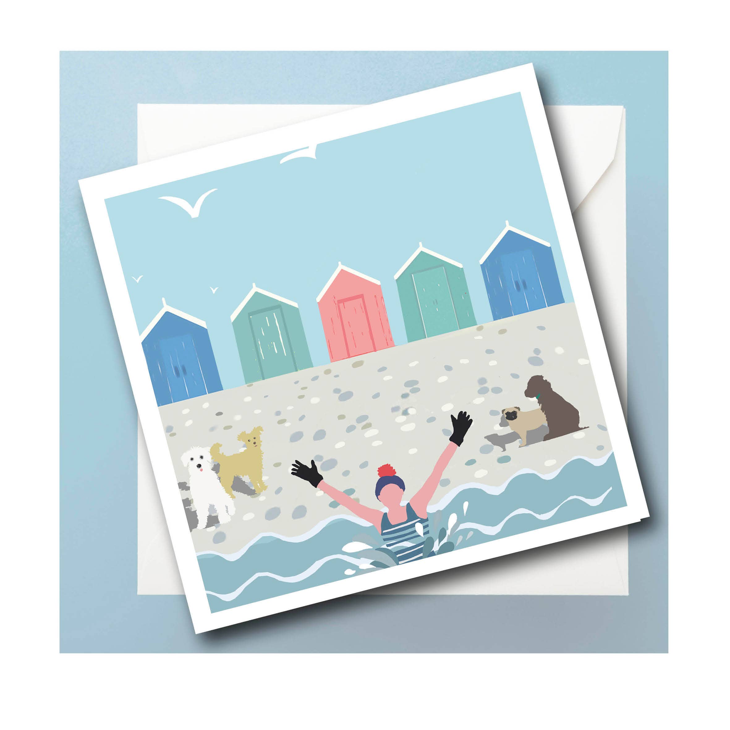 Budleigh Salterton Beach Huts with dogs - Greeting Card