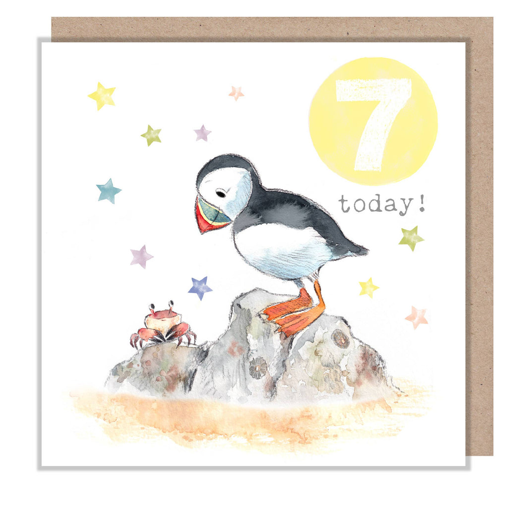 Age 7 Birthday Card - Puffin design - Party Time