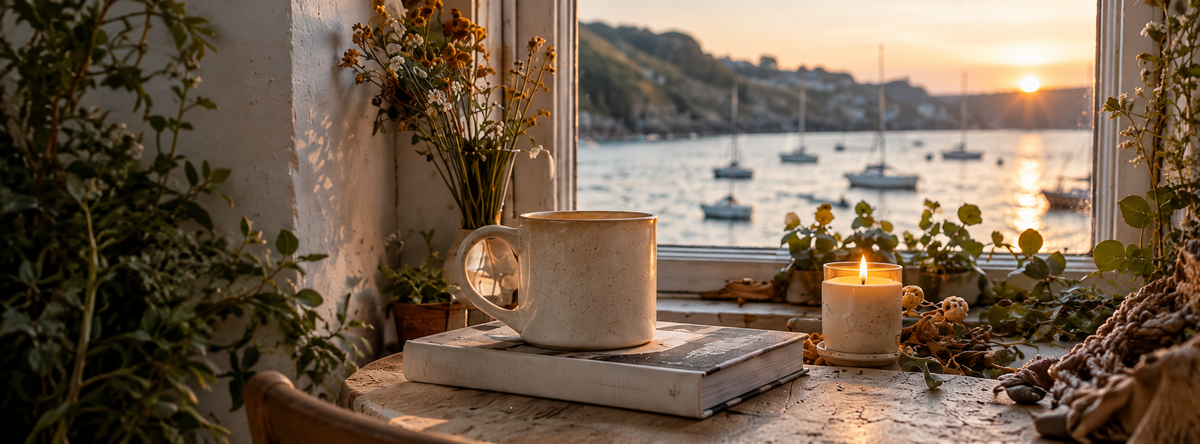 Illustrative coastal window scene with a mug, candle and harbour at sunset