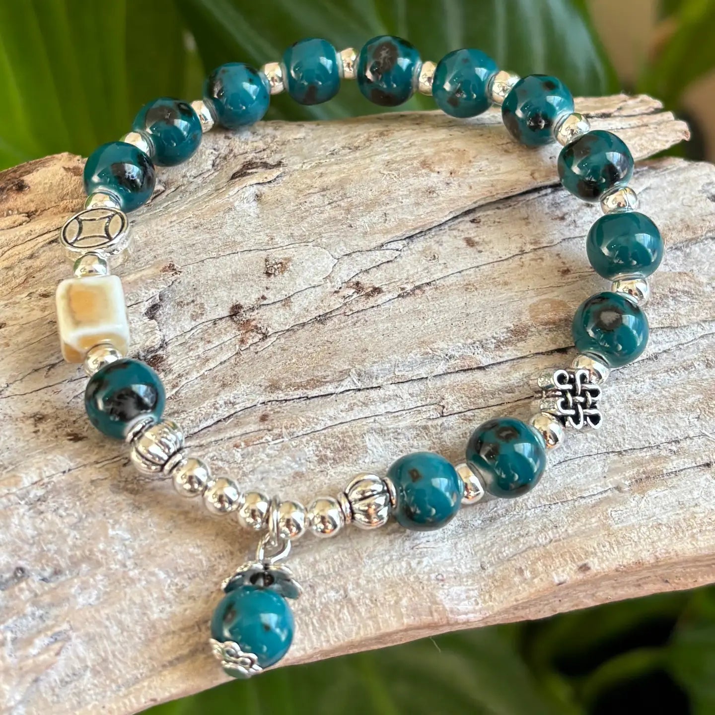 Ceramic Beads Bracelet with Charm - Teal